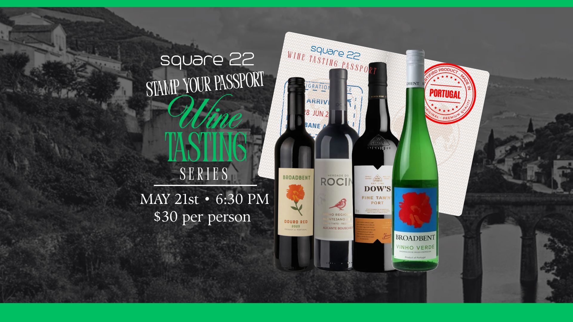 Promotional banner for Square 22 Wine Tasting Series: passport-themed wine event on May 21 at 6:30 PM,  per person, with bottles in front of a vineyard backdrop.