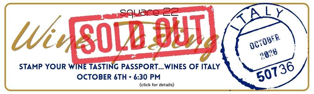 Banner for Wines of Italy wine tasting passport event—SOLD OUT stamp, blue Italy stamp; Oct 6, 6:30 PM.